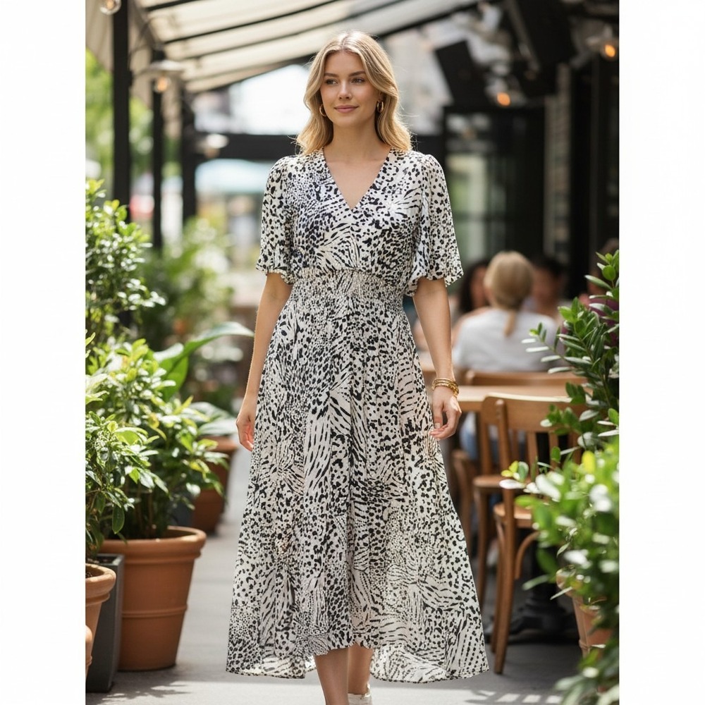 Rielle Animal Print Maxi Dress Womens XL Black White V-Neck Smocked Boho Safari
